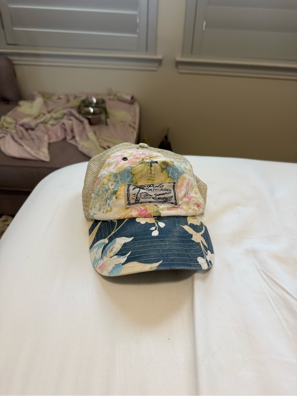 Ralph Lauren Floral Mesh Trucker Hat in Cream & Blue